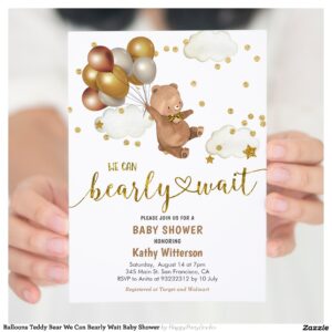 Balloons Teddy Bear We Can Bearly Wait Baby Shower Invitation