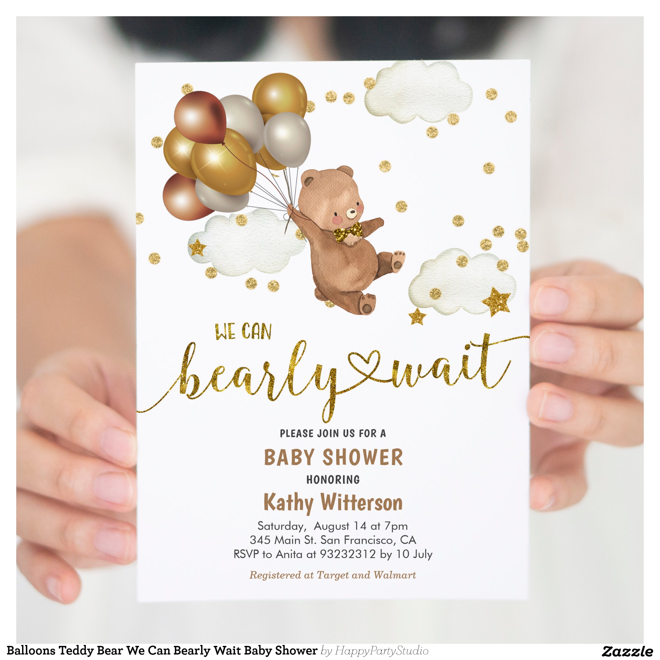 Balloons Teddy Bear We Can Bearly Wait Baby Shower Invitation
