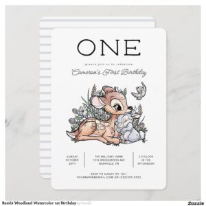 Bambi Woodland Watercolor 1st Birthday Invitation