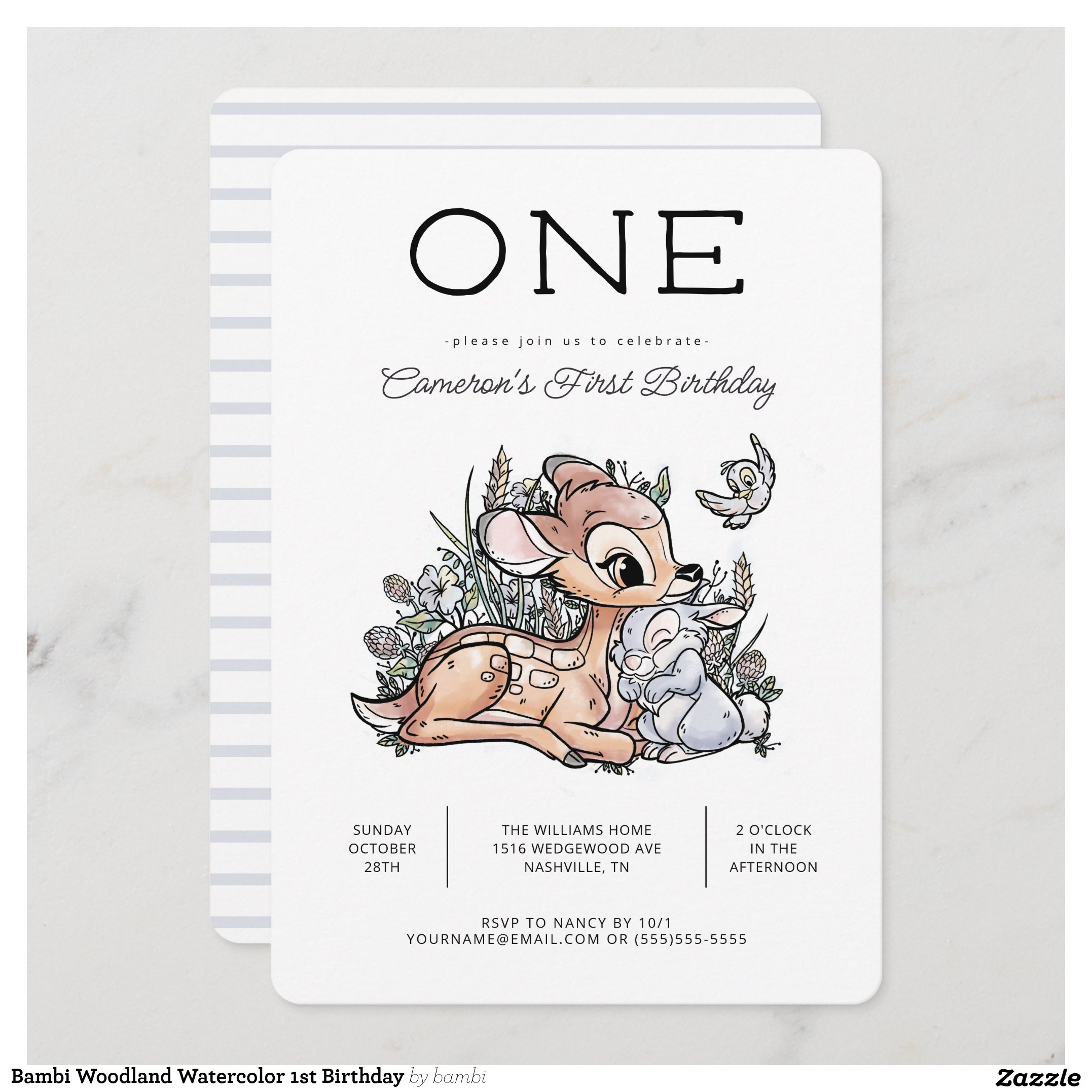 Bambi Woodland Watercolor 1st Birthday Invitation