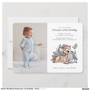 Bambi Woodland Watercolor 1st Birthday - Photo Invitation