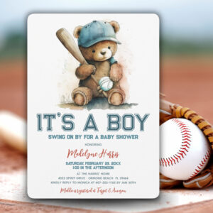 Baseball Teddy Bear Watercolor Boy Baby Shower Invitation