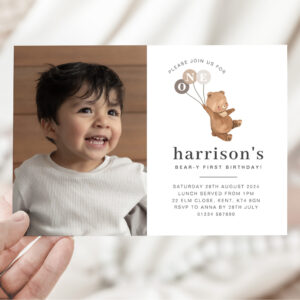 Bear 3 Brown Balloons Photo 1st Birthday Invite