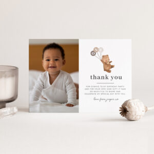 Bear 3 Brown Balloons Photo Thank You Invitation