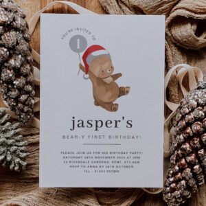Bear Balloon Santa Hat First Birthday Invitation