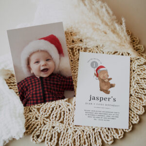 Bear Balloon Santa Hat First Birthday Photo Invitation