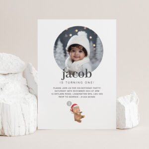 Bear Balloon Santa Hat - Photo Birthday Invitation