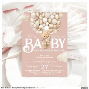 Bear Balloons Bearly Wait Baby Girl Shower Invitation