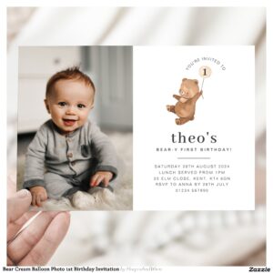Bear Cream Balloon Photo 1st Birthday Invitation
