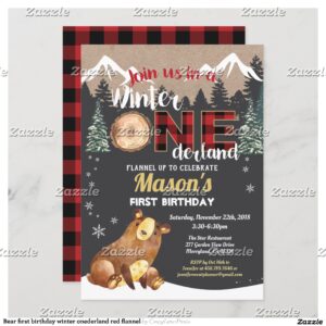 Bear first birthday winter onederland red flannel invitation