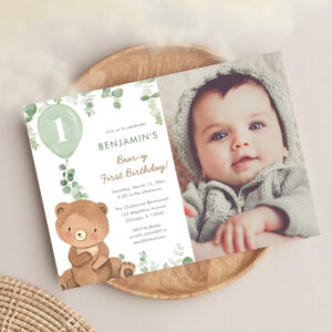 Bear gender neutral green balloons photo birthday invitation