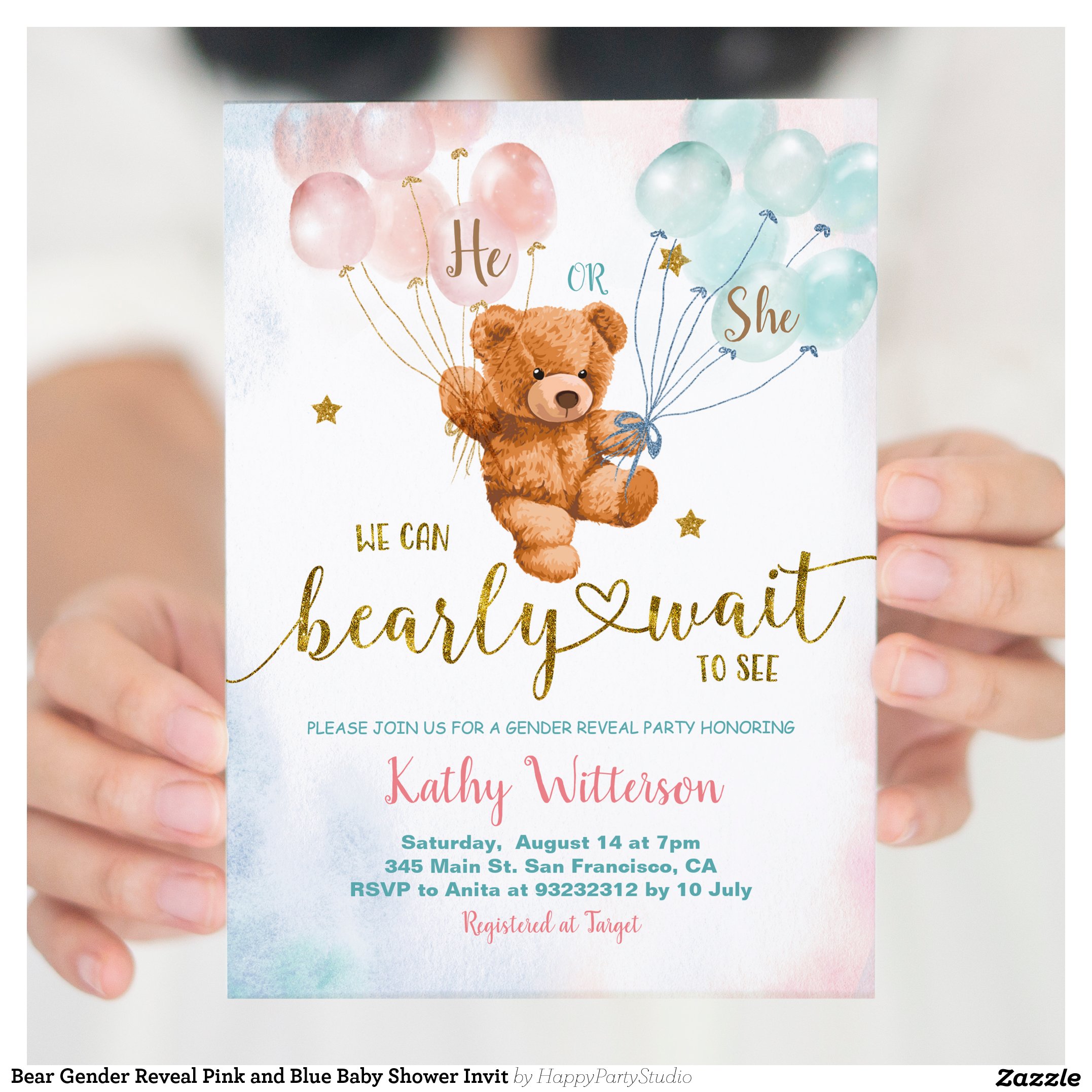 Bear Gender Reveal Pink and Blue Baby Shower Invit Invitation