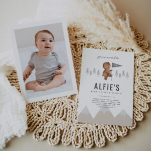 Bear Mountains First Birthday Photo Invitation