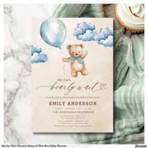 Bearly Wait Neutral Beige & Blue Boy Baby Shower Invitation