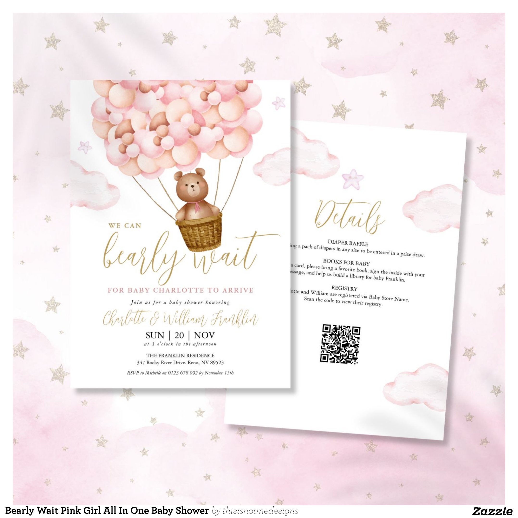 Bearly Wait Pink Girl All In One Baby Shower Invitation