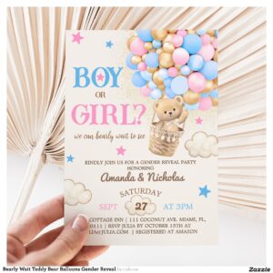 Bearly Wait Teddy Bear Balloons Gender Reveal Invitation