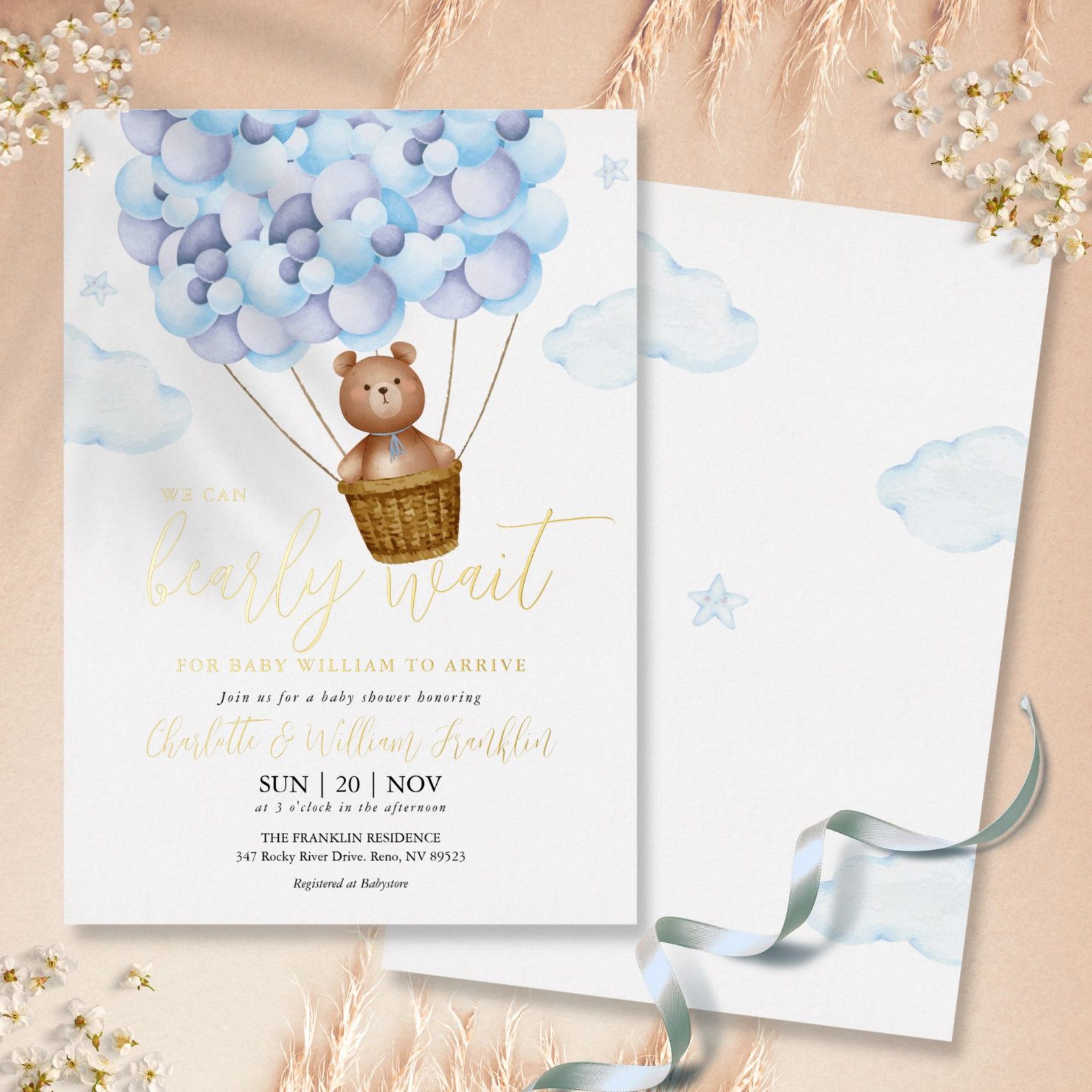 Bearly Wait Teddy Bear Blue Boy Baby Shower Gold Foil Invitation