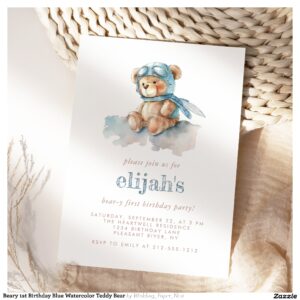 Beary 1st Birthday Blue Watercolor Teddy Bear Invitation