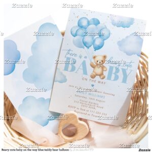 Beary cute baby on the way blue teddy bear balloon invitation
