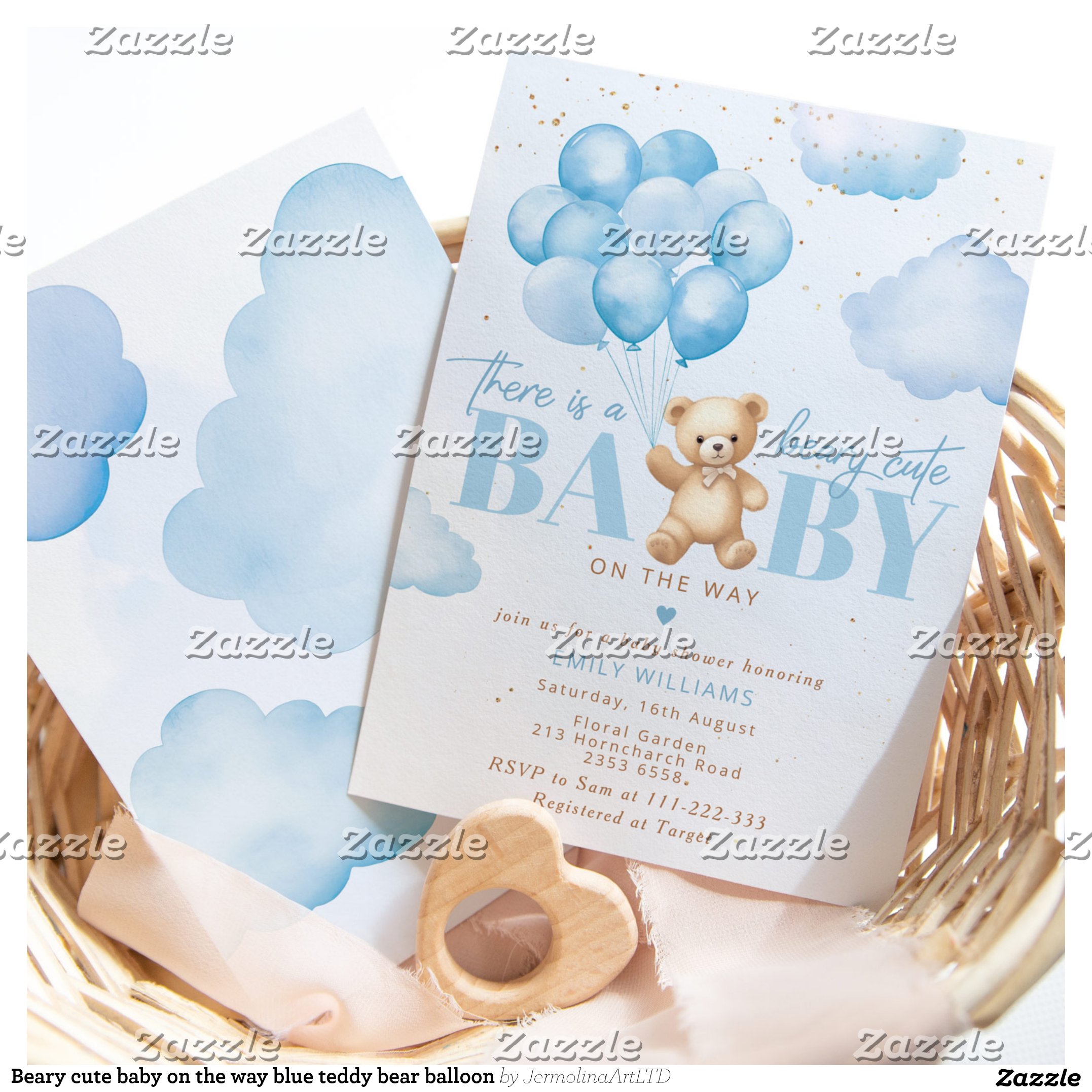 Beary cute baby on the way blue teddy bear balloon invitation
