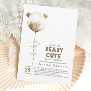 Beary Cute Gold Balloon Teddy Bear Baby Shower Invitation