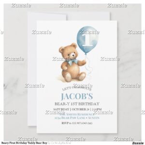 Beary First Birthday Teddy Bear Boy Invitation