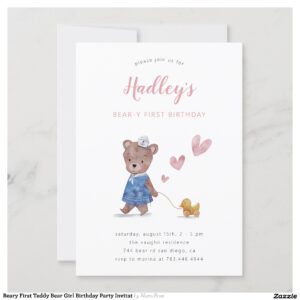Beary First Teddy Bear Girl Birthday Party Invitat Invitation