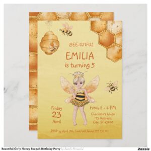 Beautiful Girly Honey Bee 5th Birthday Party Invitation