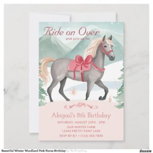 Beautiful Winter Woodland Pink Horse Birthday Invitation
