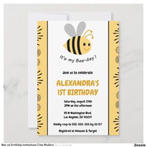Bee 1st birthday invitations Cute Modern