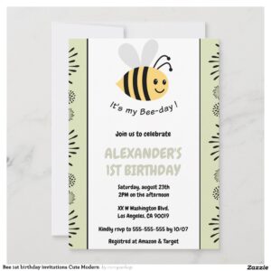 Bee 1st birthday invitations Cute Modern