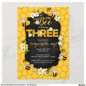 Bee 3rd Birthday Party Invitation - Bee Birthday