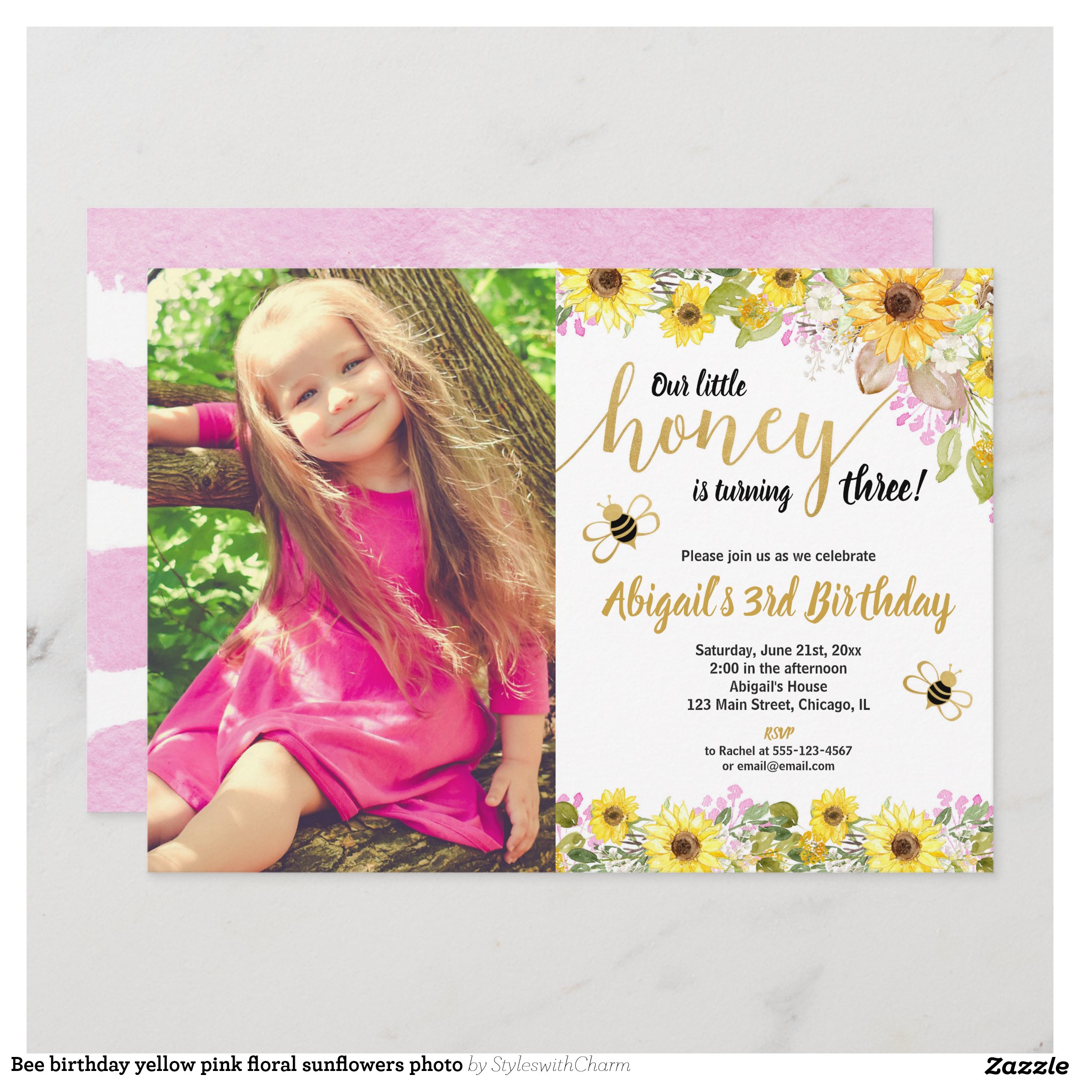 Bee birthday yellow pink floral sunflowers photo invitation