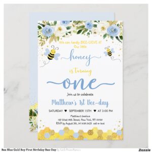 Bee Blue Gold Boy First Birthday Bee-Day Invitation