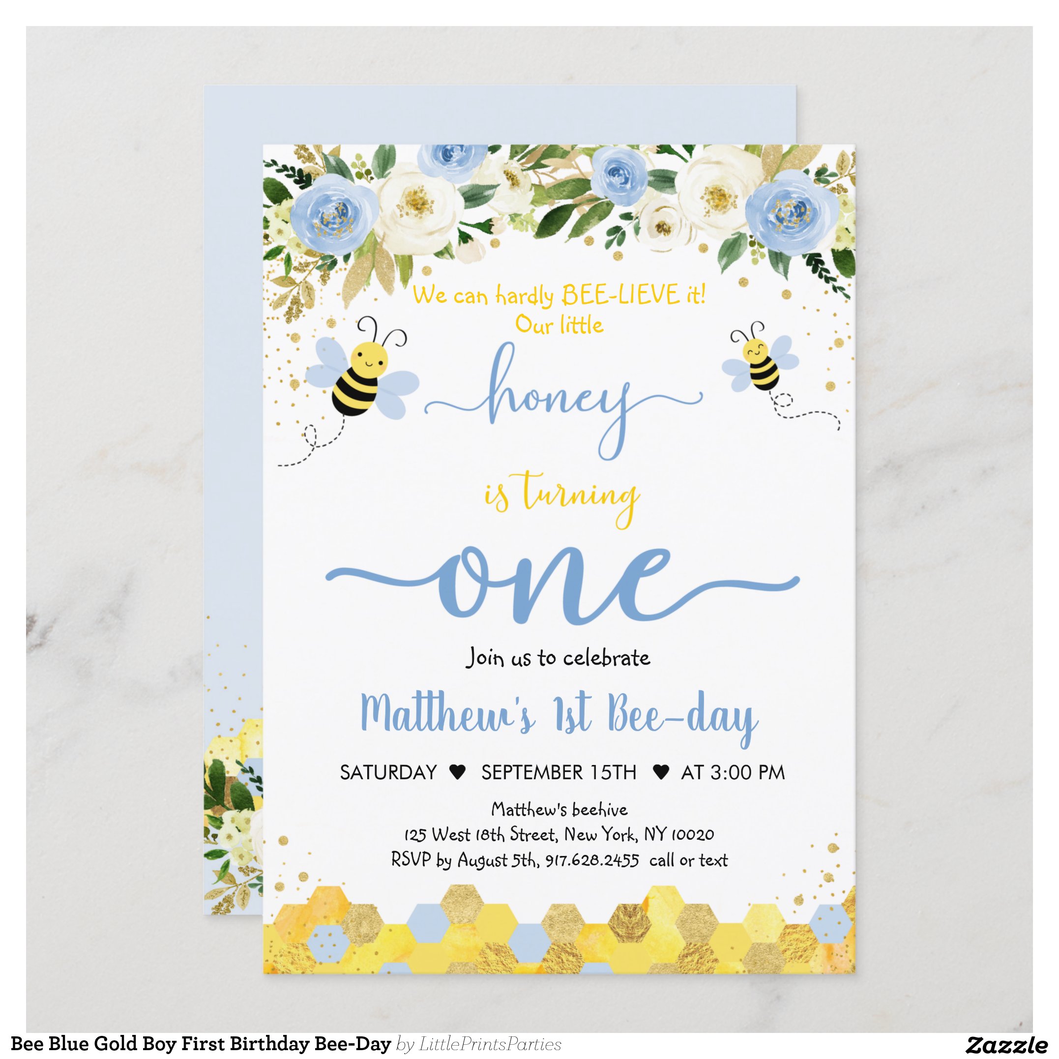 Bee Blue Gold Boy First Birthday Bee-Day Invitation