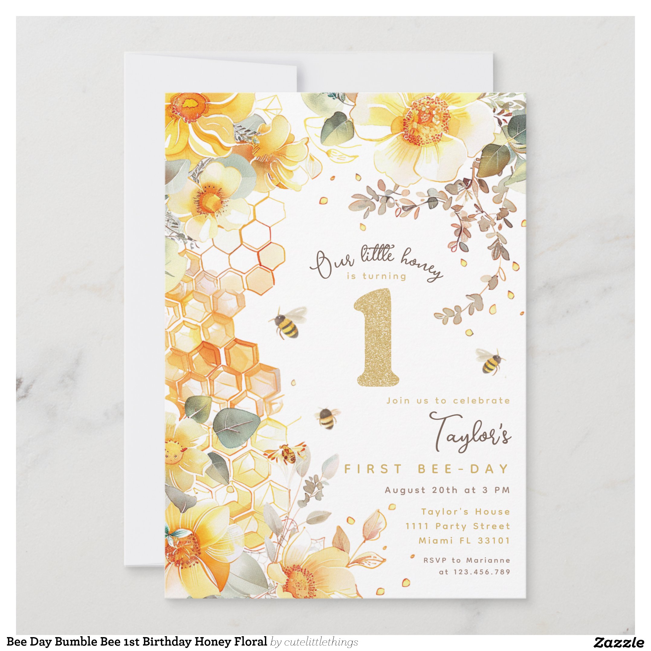 Bee Day Bumble Bee 1st Birthday Honey Floral Invitation