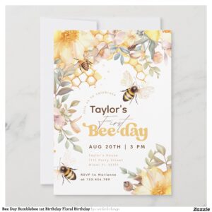 Bee Day Bumblebee 1st Birthday Floral Birthday Invitation