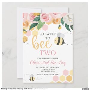 Bee Day bumblebee Birthday pink floral Invitation