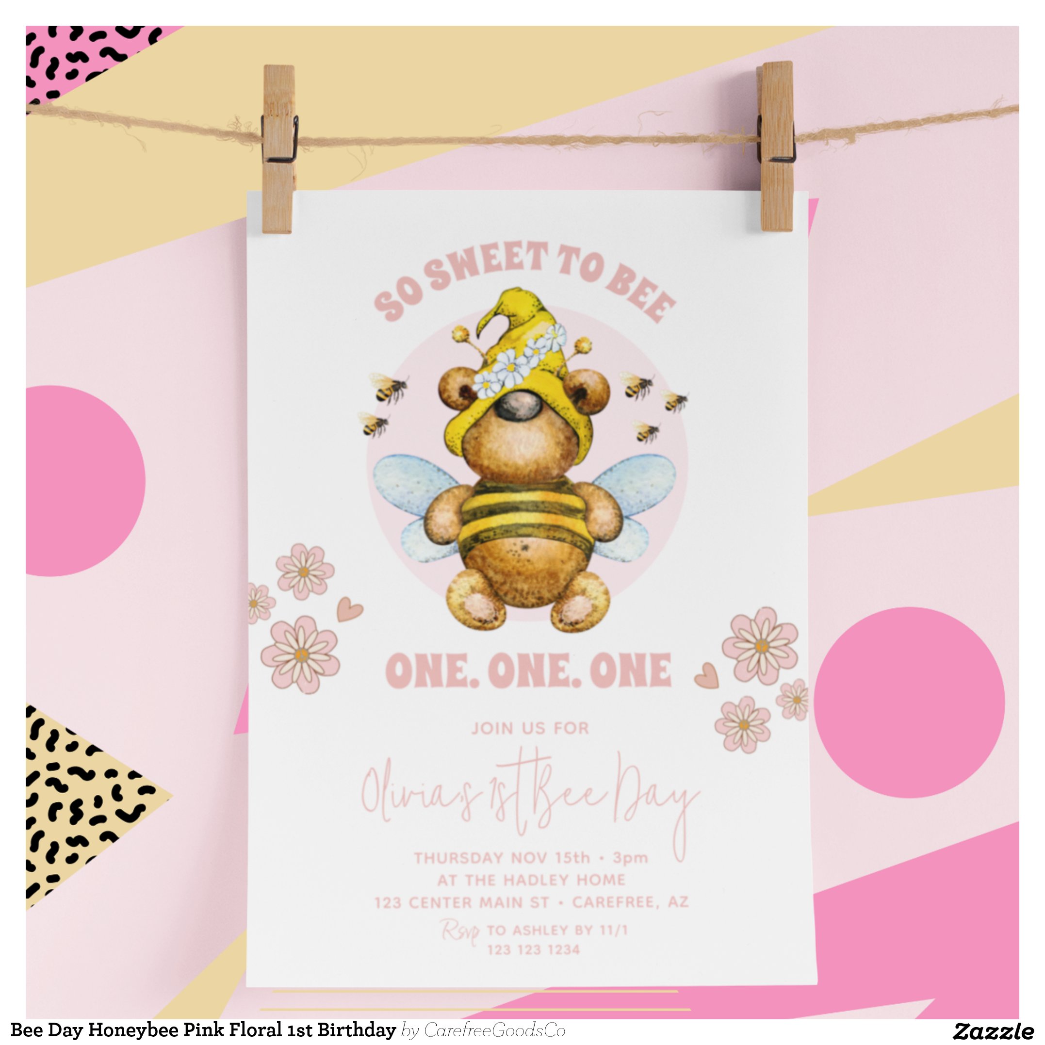 Bee Day Honeybee Pink Floral 1st Birthday Invitation