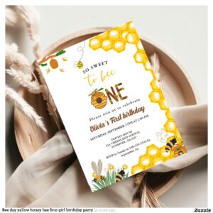 Bee day yellow honey bee first girl birthday party invitation
