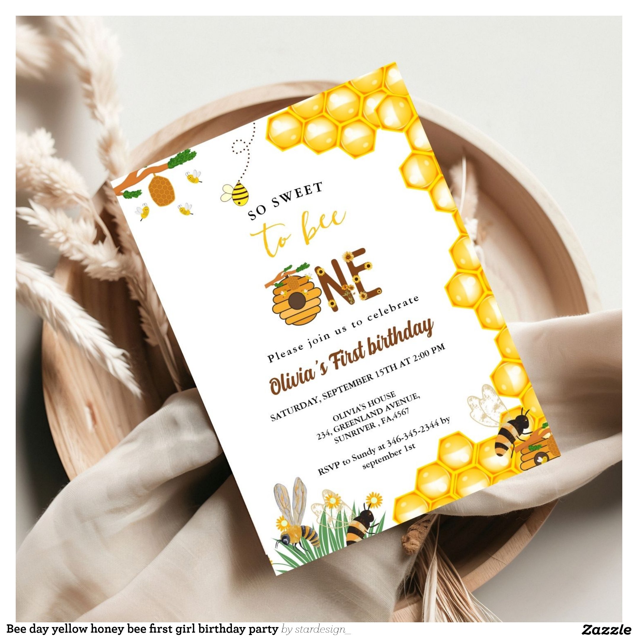 Bee day yellow honey bee first girl birthday party invitation