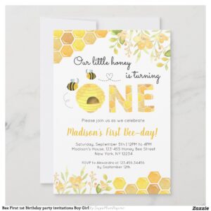 Bee First 1st Birthday party invitations Boy Girl