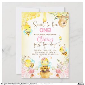 Bee girl 1st birthday invite, bumblebee, honeybee. invitation