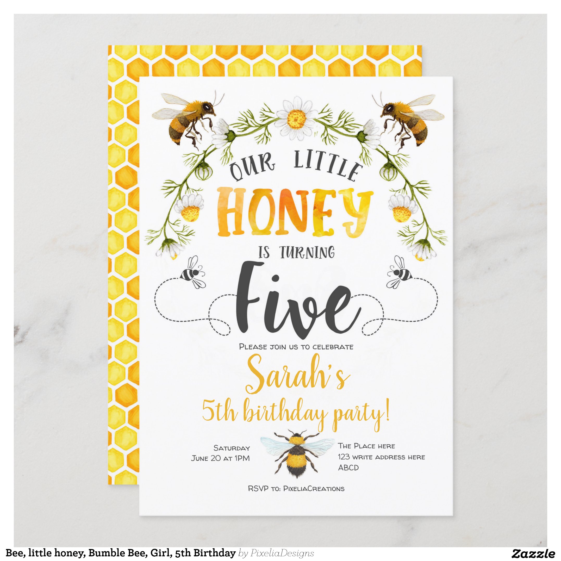 Bee, little honey, Bumble Bee, Girl, 5th Birthday Invitation