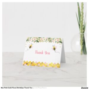 Bee Pink Gold Floral Birthday Thank You