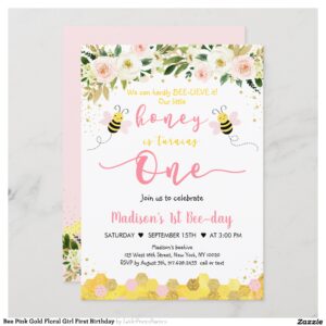 Bee Pink Gold Floral Girl First Birthday Invitation