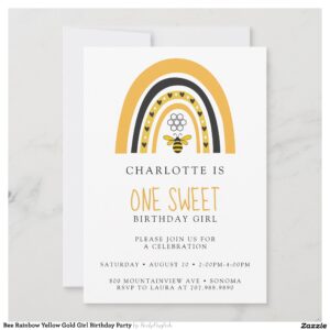 Bee Rainbow Yellow Gold Girl Birthday Party Invitation