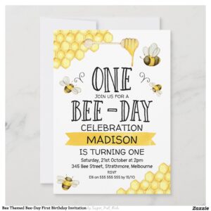 Bee Themed Bee-Day First Birthday Invitation