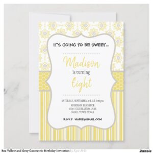 Bee Yellow and Grey Geometric Birthday Invitation