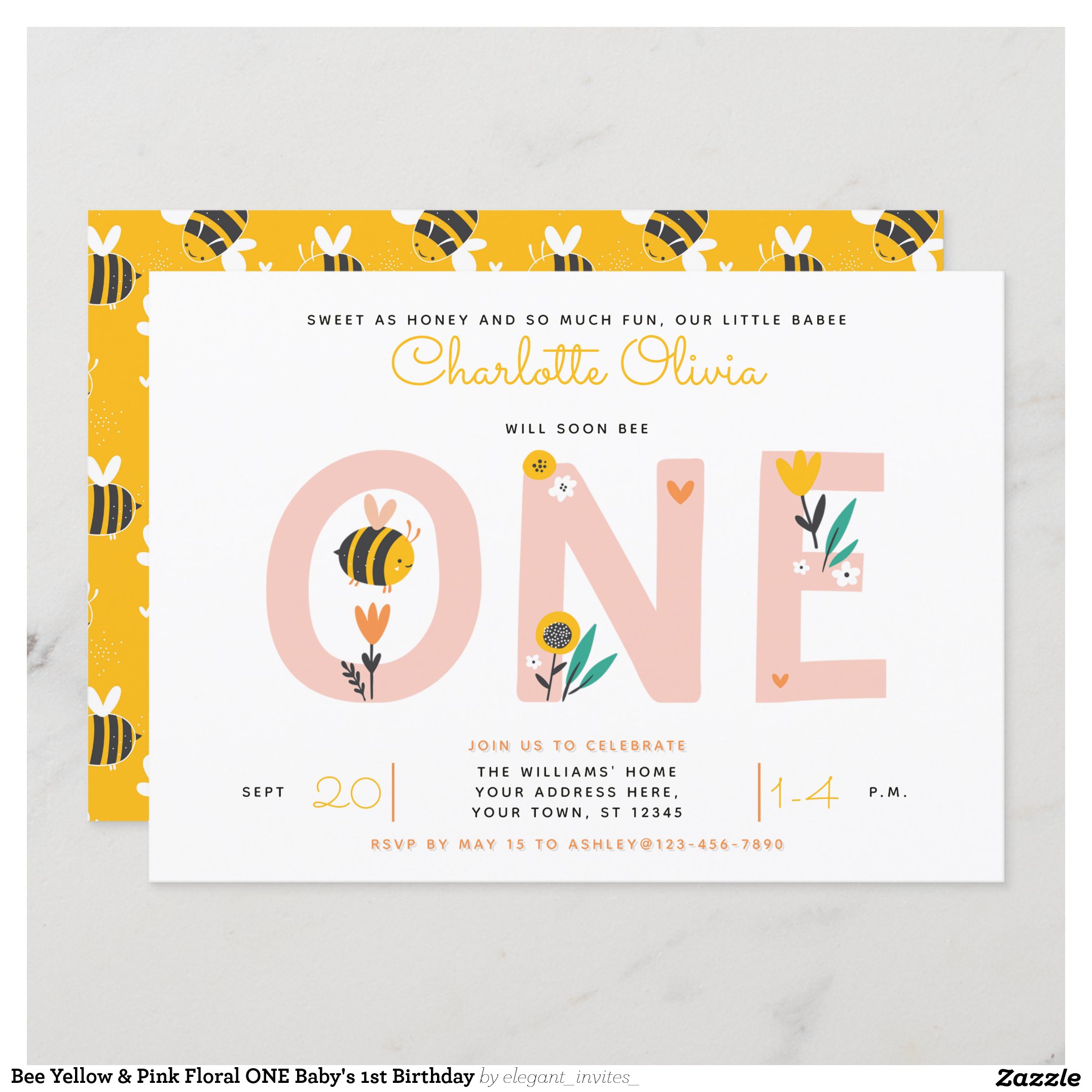 Bee Yellow & Pink Floral ONE Baby's 1st Birthday Invitation